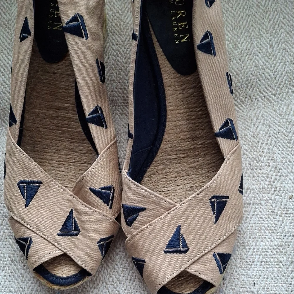 Lauren Ralph Lauren Tan Canvas Flats with Navy Sailboat Embroidery - Picture 3 of 7